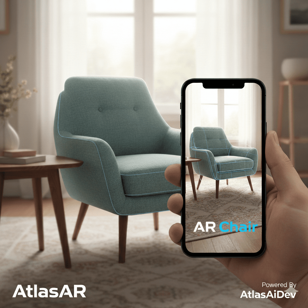 Smartphone screen showing an Augmented Reality (AR) view of a chair placed in a living room, powered by the AtlasAR plugin.